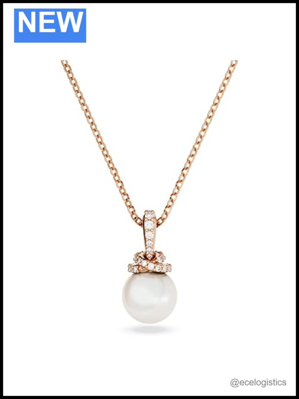 Rose Gold-tone Pendant Necklace with Crystal Pearl and Clear Pavé Crystals